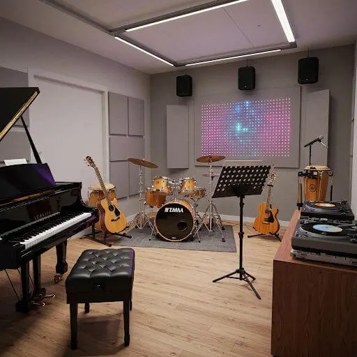 Studio musik dengan peralatan instrumen lengkap